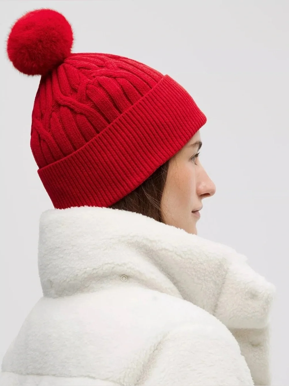 Lululemon NWT Cable Knit Red Pom-Pom Beanie dark red